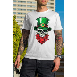 t-shirt blanc 100% coton pour homme imprimé d'un crâne avec un chapeau de leprechaun