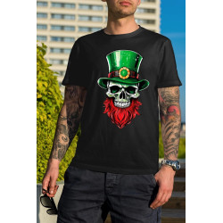 t-shirt noir 100% coton pour homme imprimé d'un crâne avec un chapeau de leprechaun