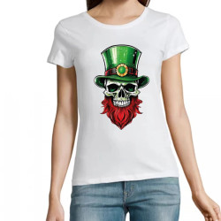 t-shirt blanc 100% coton pour femme imprimé d'un crâne portant un chapeau de leprechaun