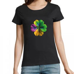 t-shirt noir 100% coton pour femme imprimé trèfle multicolore