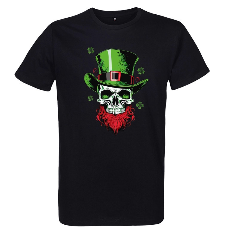 t-shirt noir 100% coton pour homme imprimé crane saint patrick