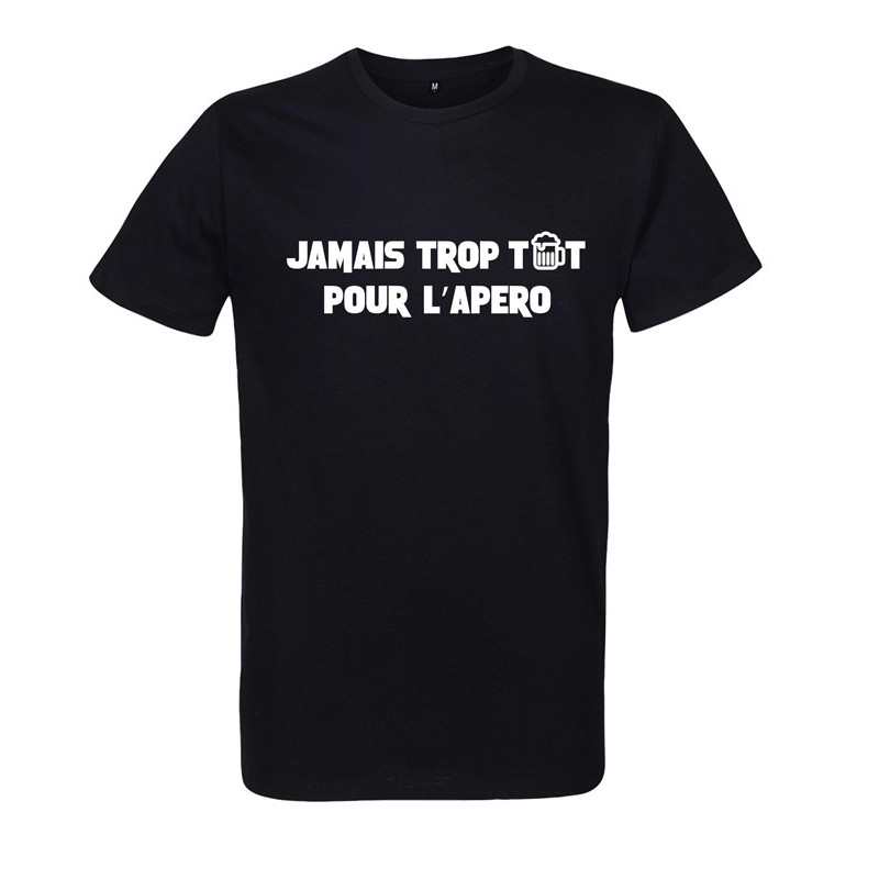 T Shirt humoristique noir Jamais trot tôt pour l'apéro - Homme