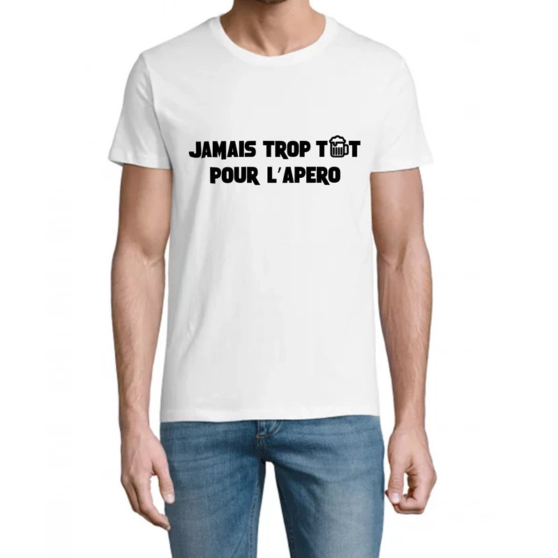 T Shirt humoristique blanc Jamais trot tôt pour l'apéro - Homme