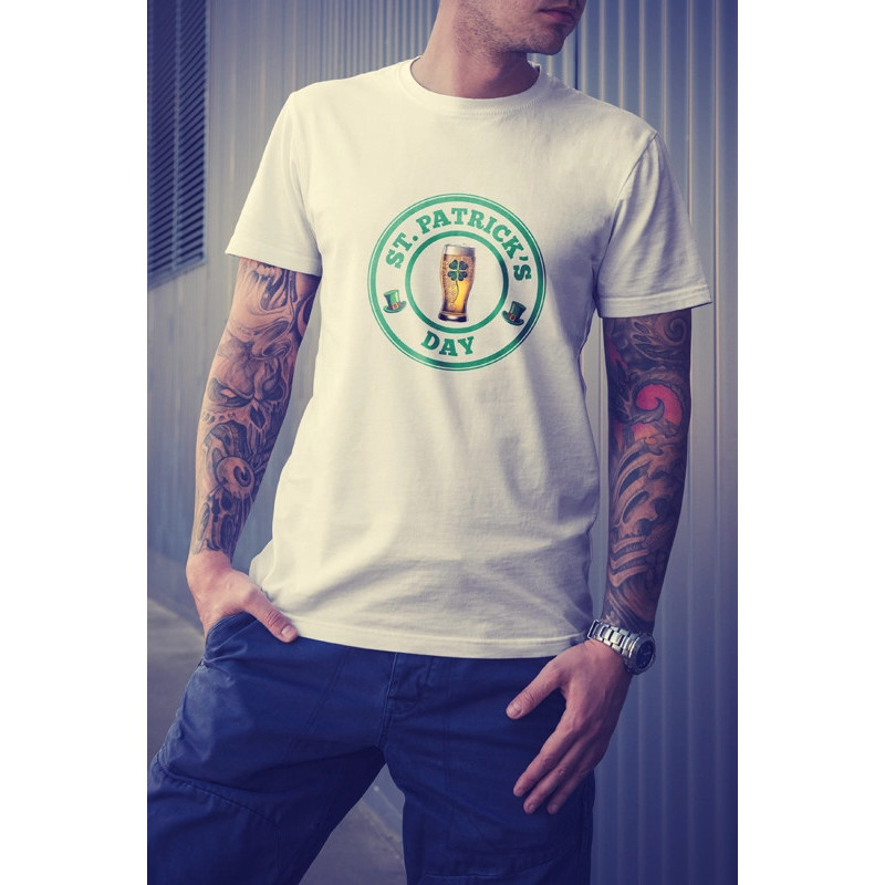 t-shirt blanc 100% coton pour homme imprimé saint patrick's day et choppe de bière