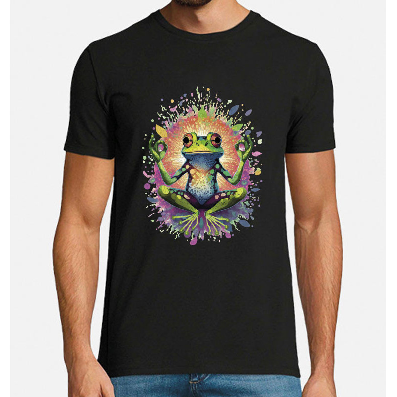 t-shirt noir 100% coton pour homme imprimé d'une grenouille en position de méditation