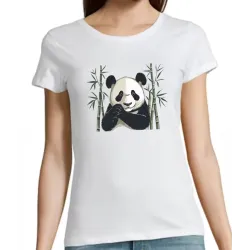 t shirt femme blanc un panda mignon au milieu des bambous