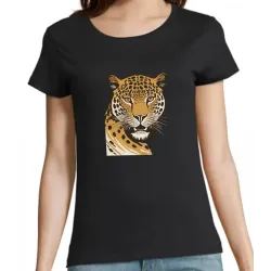 t shirt femme noir imprimé sur la face, une panthère et son regard félin