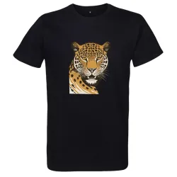 t shirt homme noir imprimé sur la face, une panthère et son regard félin