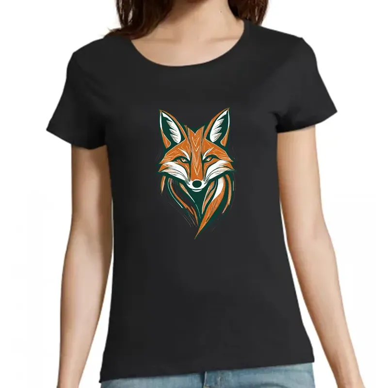 t shirt femme noir imprimé sur la face avec un renard stylisé