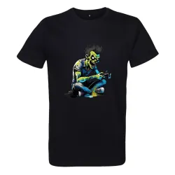 t shirt homme noir imprimé d'un zombie gamer excité sur sa console