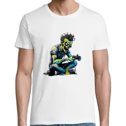 t shirt homme blanc imprimé d'un zombie gamer excité sur sa console