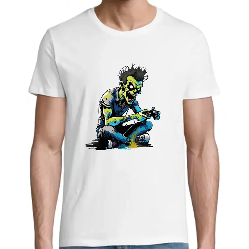 t shirt homme blanc imprimé d'un zombie gamer excité sur sa console