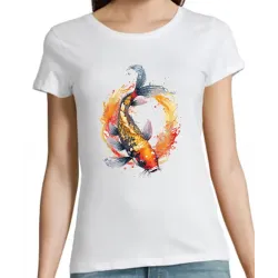 t-shirt blanc femme 100% coton  imprimé d'une carpe koï aux superbes couleurs