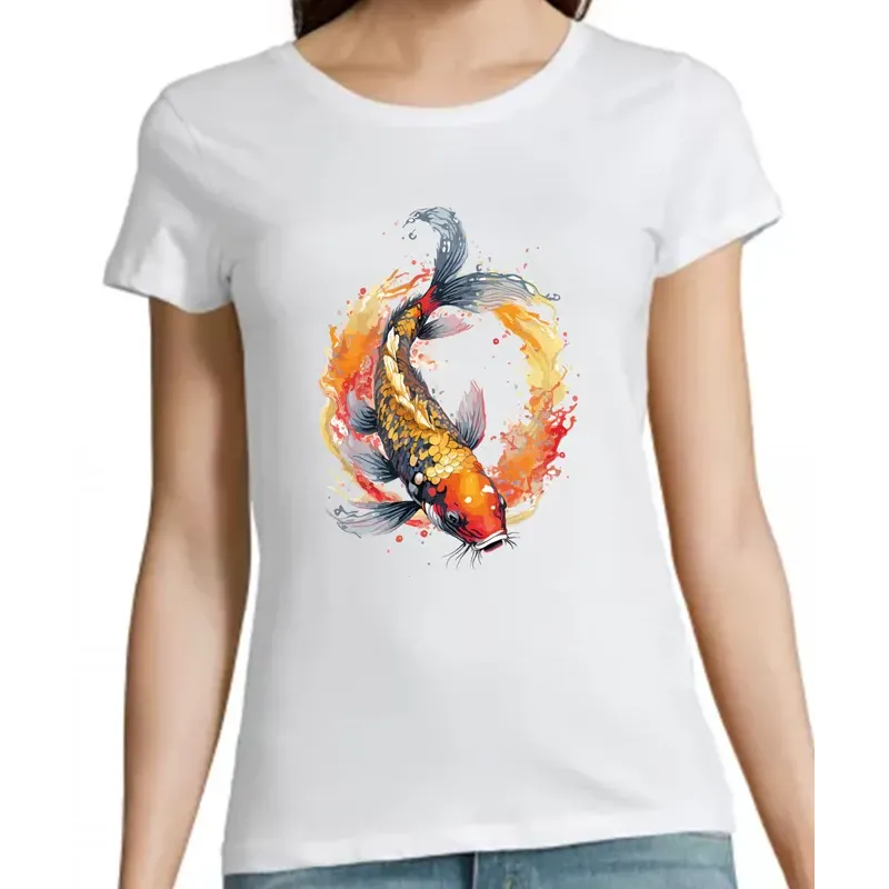 t-shirt blanc femme 100% coton  imprimé d'une carpe koï aux superbes couleurs