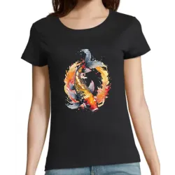 t-shirt noir pour femme 100% coton imprimé d'une carpe koï aux superbes couleurs
