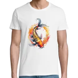 t-shirt blanc homme 100% coton  imprimé d'une carpe koï aux superbes couleurs