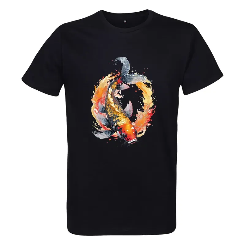 t-shirt noir homme 100% coton  imprimé d'une carpe koï aux superbes couleurs