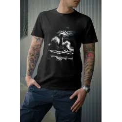 t-shirt homme 100% coton bio imprimé d'un phare dans la tempête - couleur noire