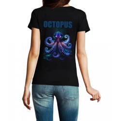 t-shirt octopus 100% coton bio  pour femme imprimé octopus et pieuvre bioluminescente bleu violet